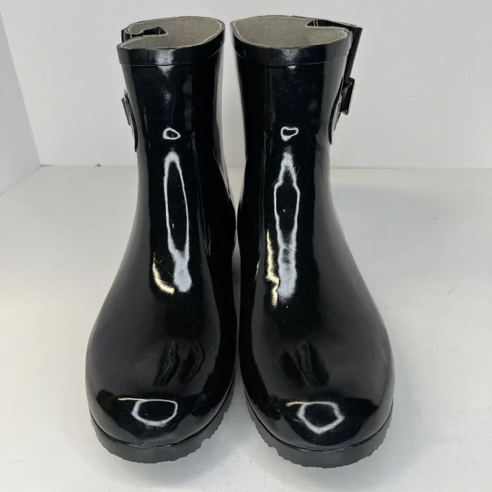 Nomad Dew Waterproof Rain Boots Womens Size 8 Silver Buckle Shiny Solid Black